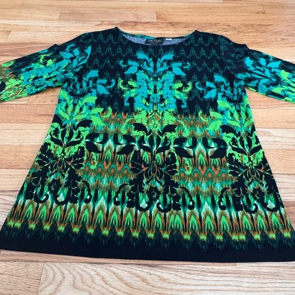 Bob Mackie Shirt Womens Sm Green Wearable Art Pullover Long Sleeve Pattern Top - Picture 2 of 11